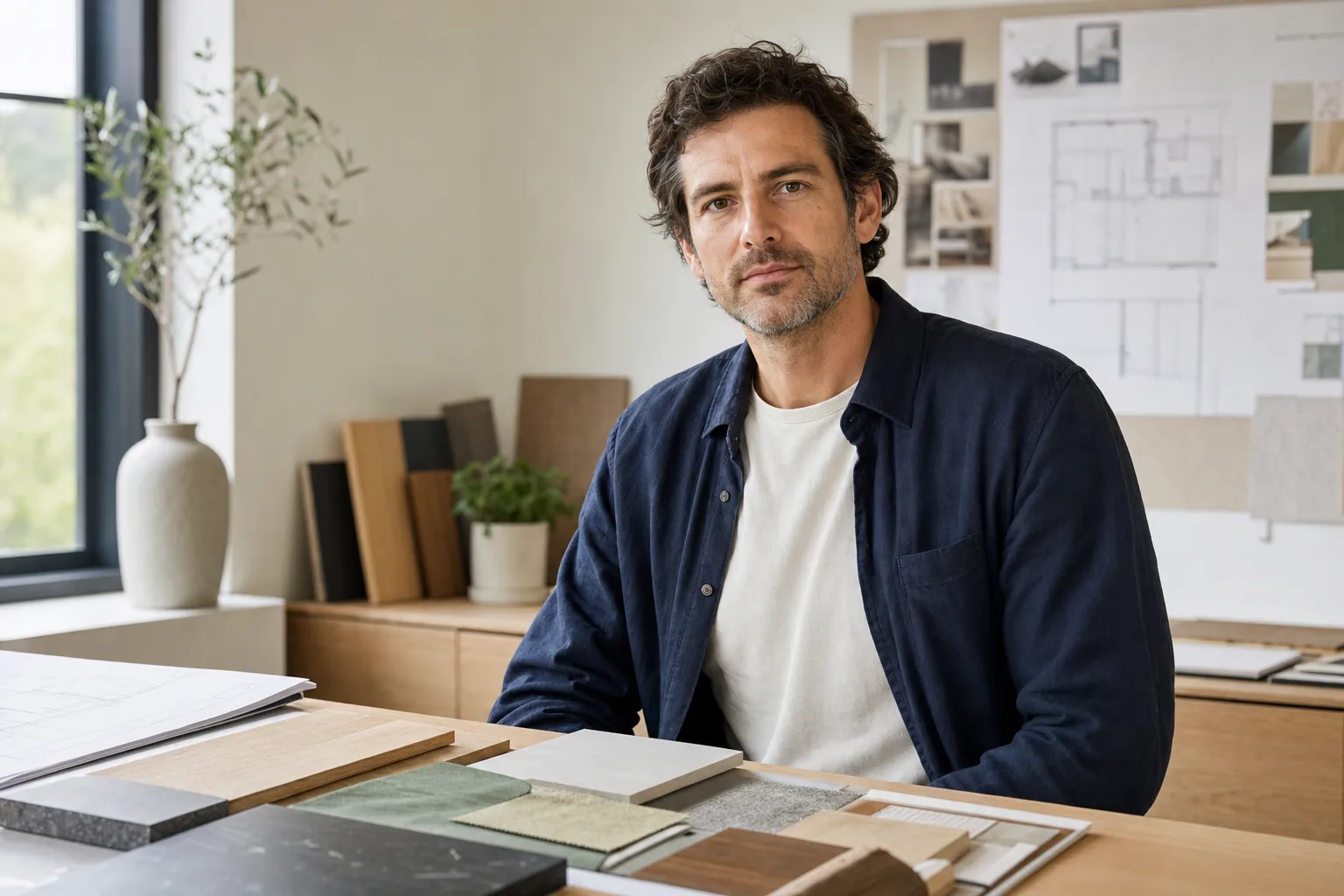 Architecte d'intérieur dans un studio sobre avec plans et échantillons de matières