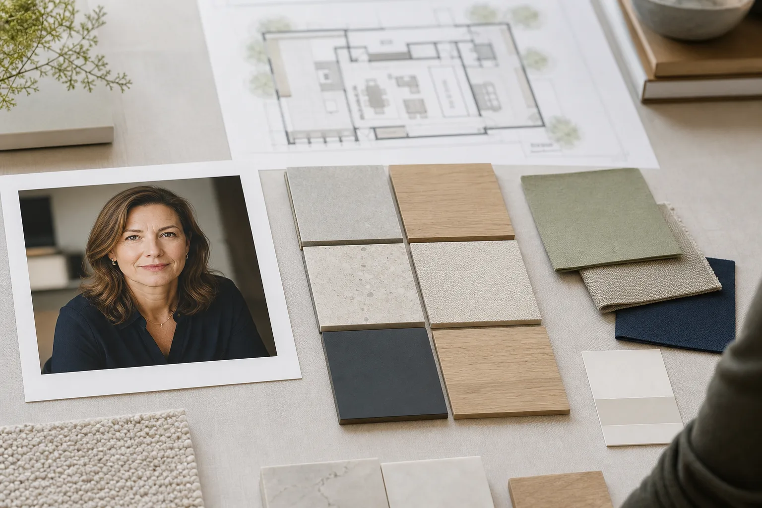 Portrait professionnel, plan et échantillons de matières organisés sur une table de présentation client