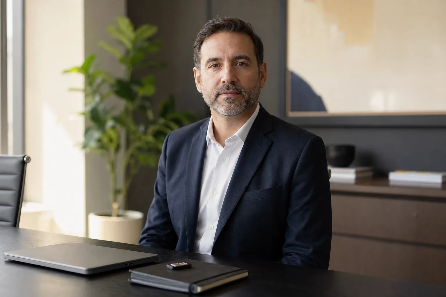 Consultant cybersécurité assis dans une salle de réunion sobre, ordinateur fermé et clé de sécurité sur la table