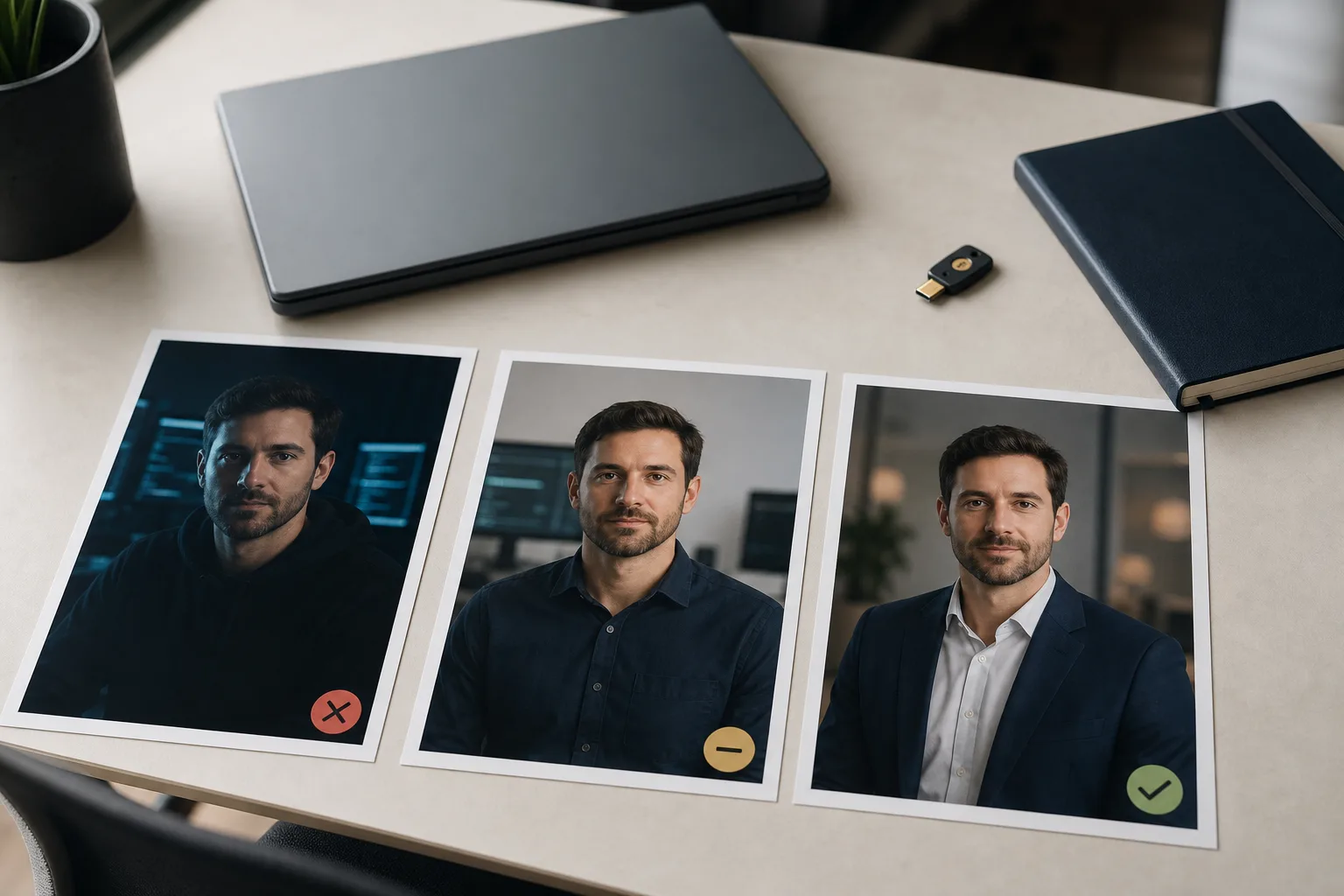 Trois variantes de portrait cybersécurité montrant un cliché sombre rejeté, un profil technique neutre et un profil conseiller de confiance