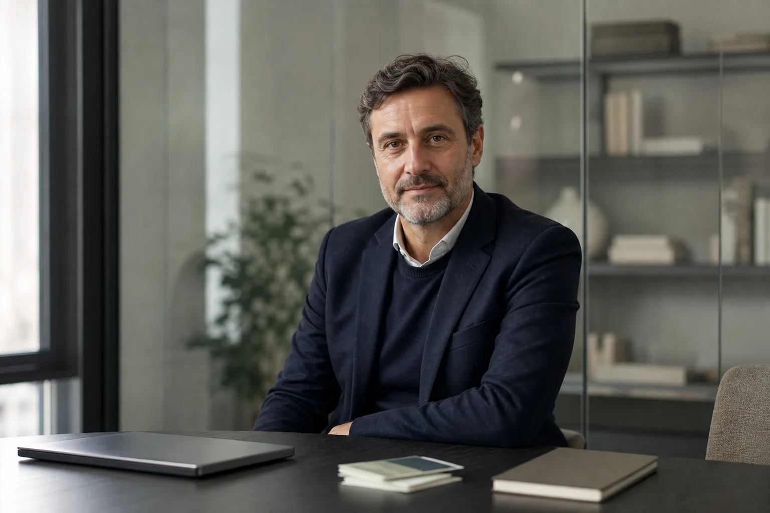 Consultant IA assis dans une salle de réunion sobre, regard calme, ordinateur fermé et carnet sur la table