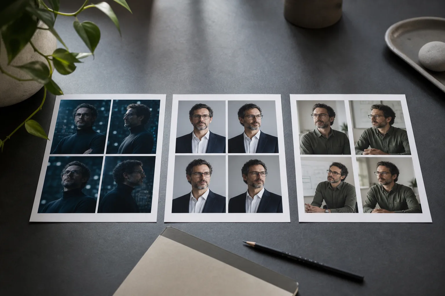 Trois registres de portraits de consultant IA comparant un cliché futuriste sombre, un portrait corporate générique et un portrait de conseiller IA sobre en lumière naturelle