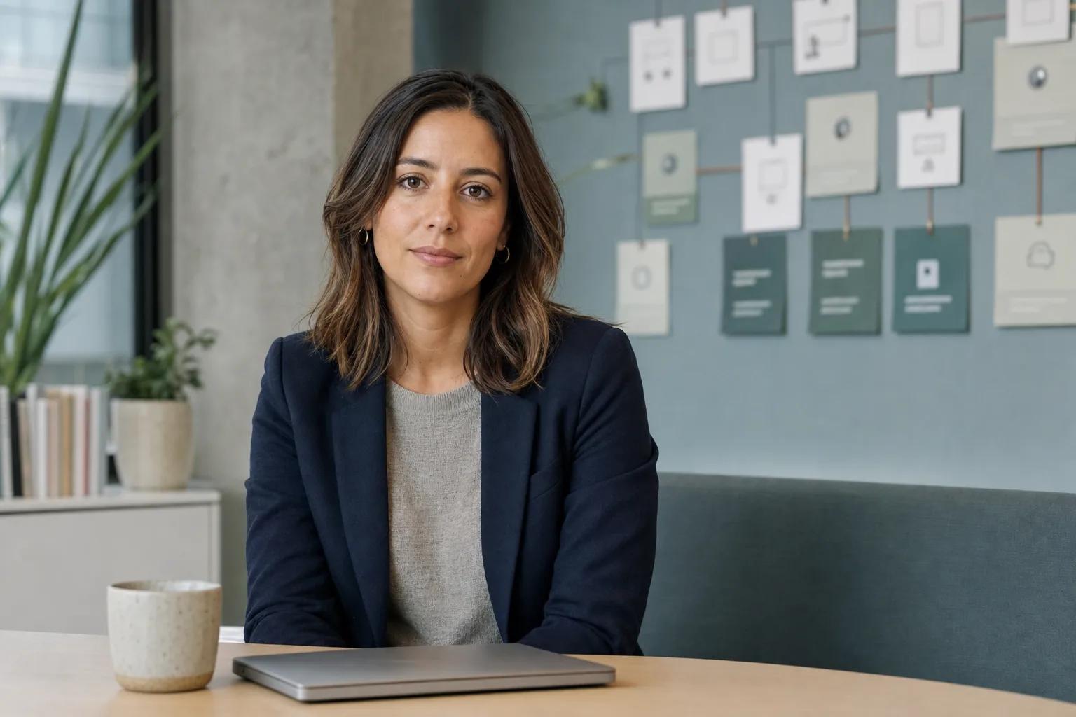 Customer Success Manager sentada en un espacio de reunion tranquilo, con mirada directa y un entorno profesional sobrio.