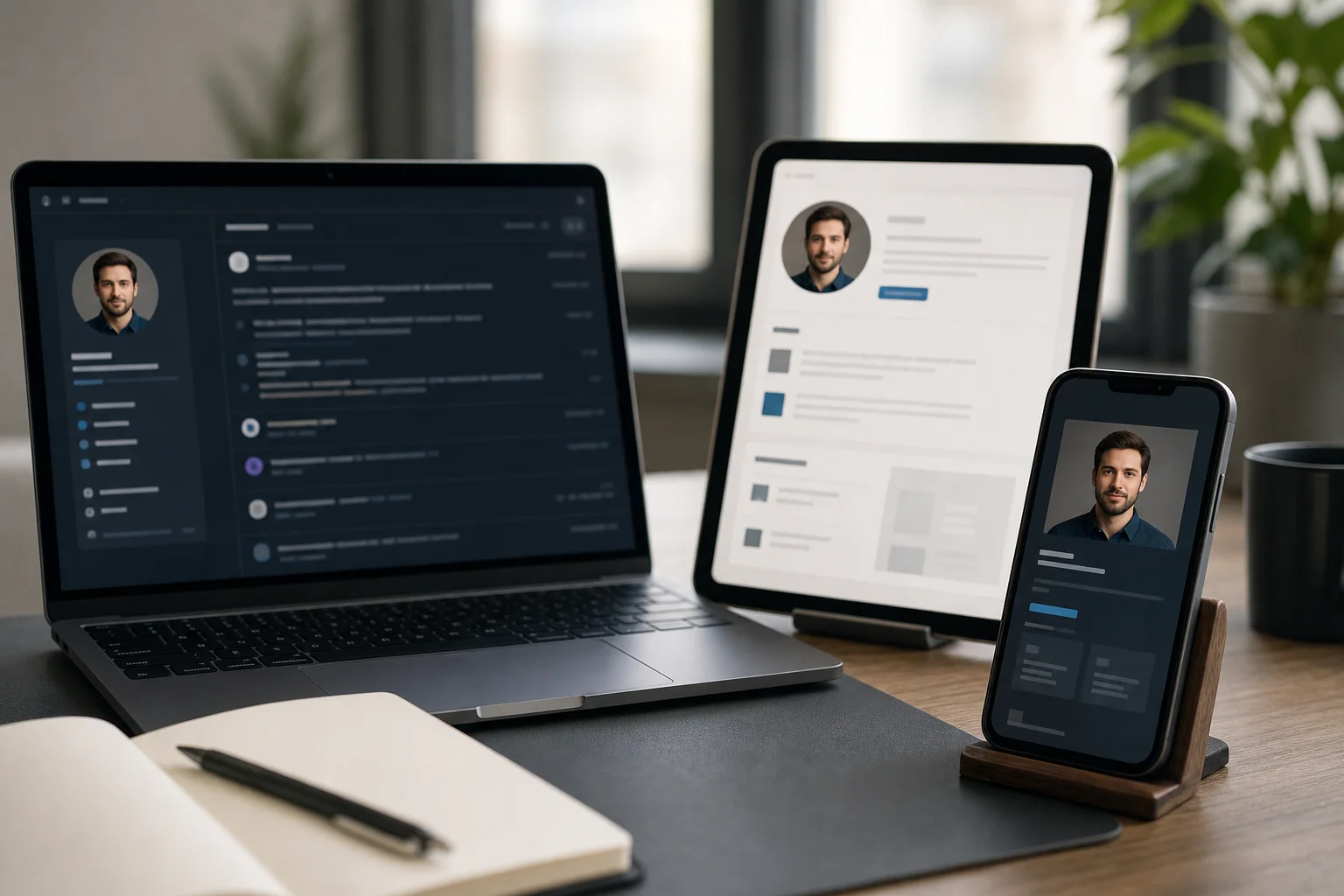 Triptyque éditorial montrant une cohérence visuelle entre avatar GitHub, portrait LinkedIn et hero de portfolio pour un développeur freelance.