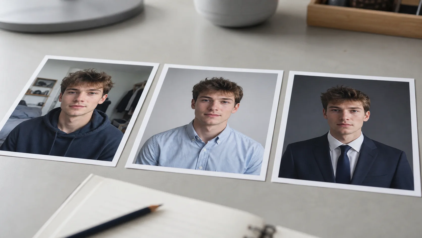 Trois registres de photo pour étudiant : trop casual, juste professionnel, trop senior