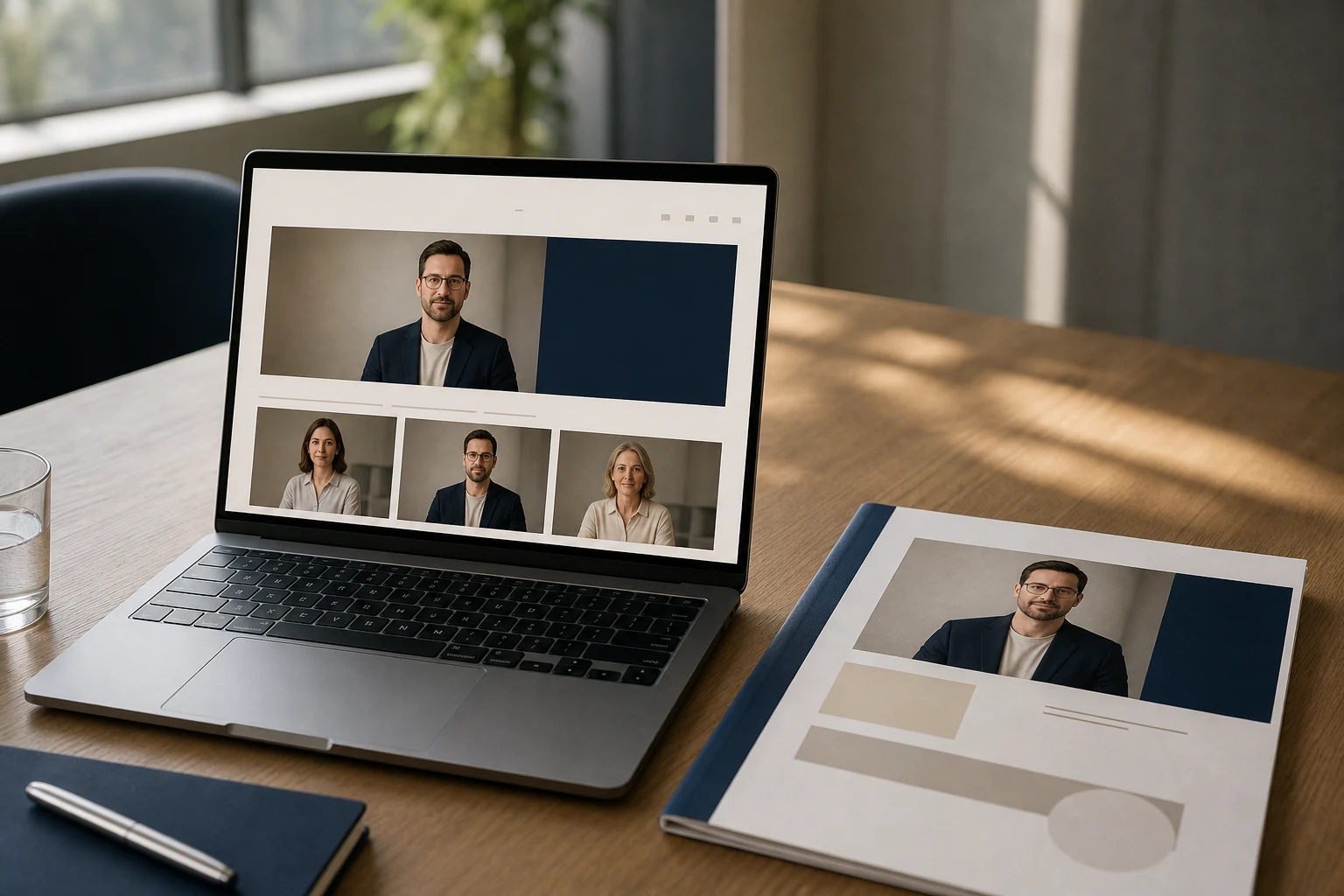 Ordinateur affichant une page équipe de cabinet comptable et dossier de mission assorti avec le même portrait professionnel