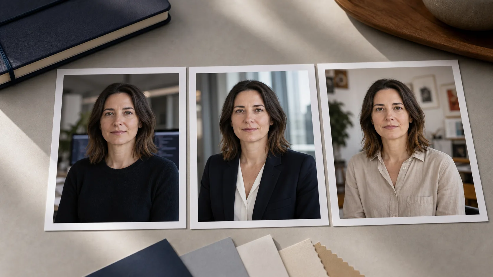 Trois portraits professionnels imprimés comparant tenues et fonds pour différents secteurs