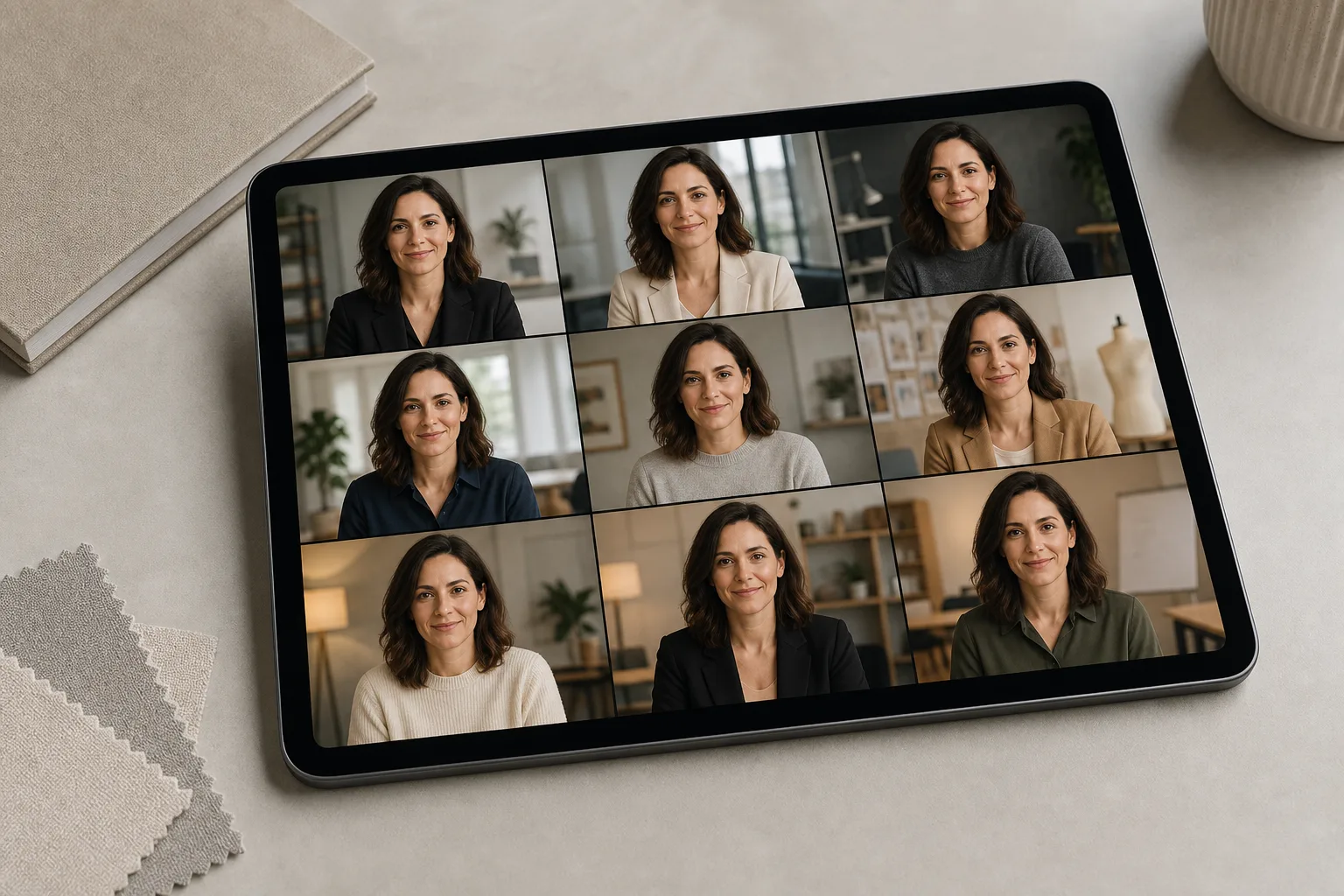 Tablette affichant une grille de portraits professionnels avec différents fonds et tenues