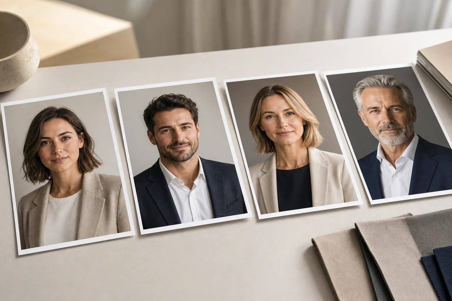 Quatre portraits imprimés de professionnels d'âges différents montrant des variations de cadrage, lumière, fond et tenue