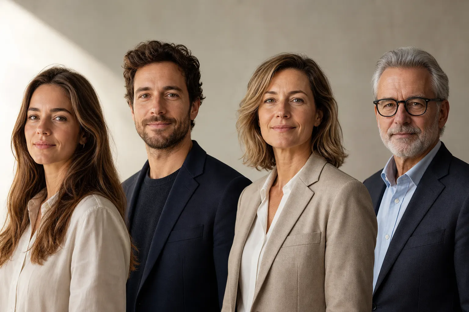Quatre professionnels de générations différentes photographiés dans le même studio neutre avec une lumière naturelle cohérente