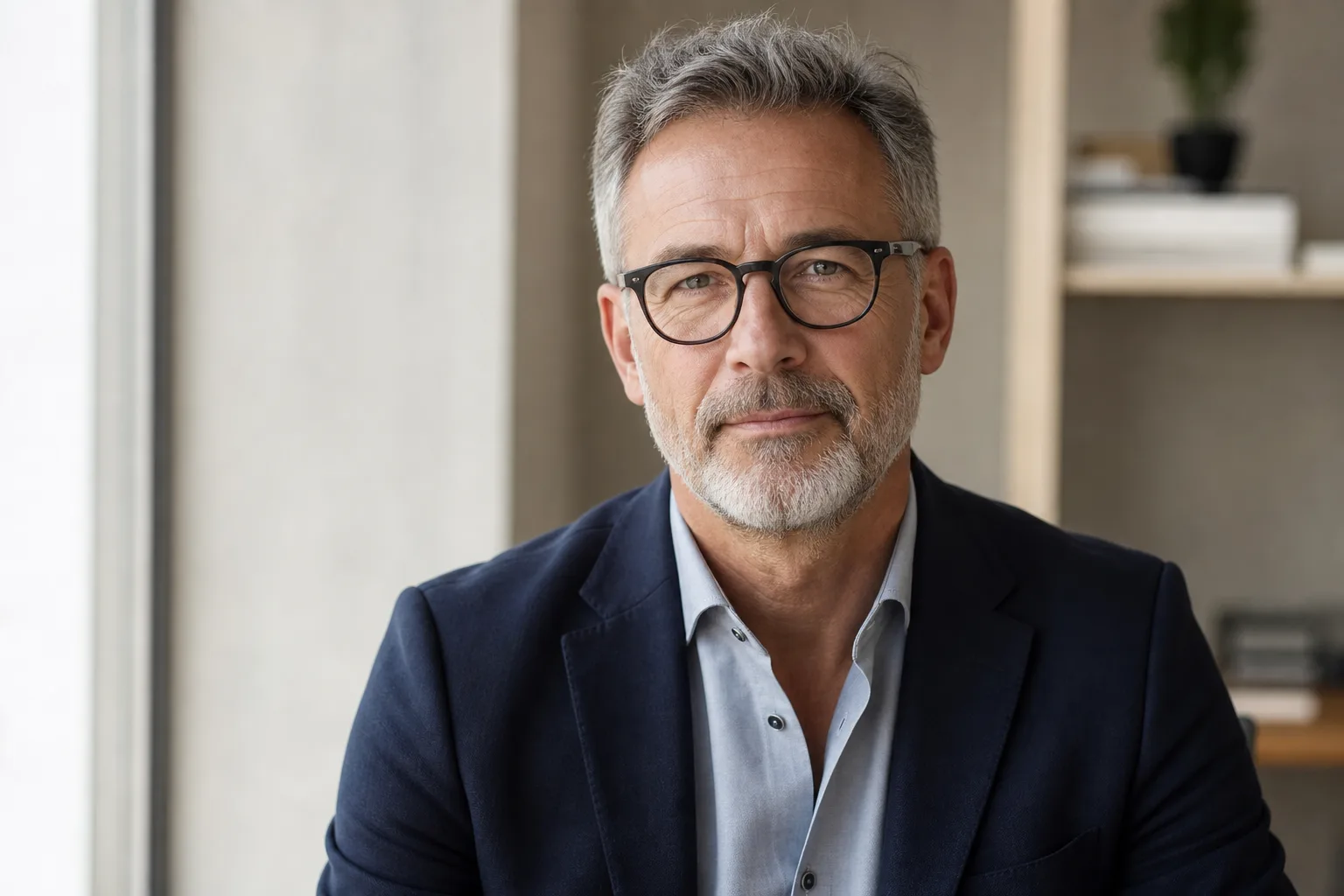 Portrait professionnel d'un cadre senior en lumière naturelle, fond clair et tenue contemporaine sans cravate
