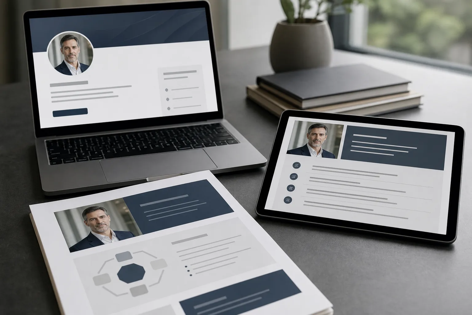 Même portrait professionnel répété sur un profil, un dossier de mission et un support de comité pour montrer la cohérence visuelle d'un manager de transition