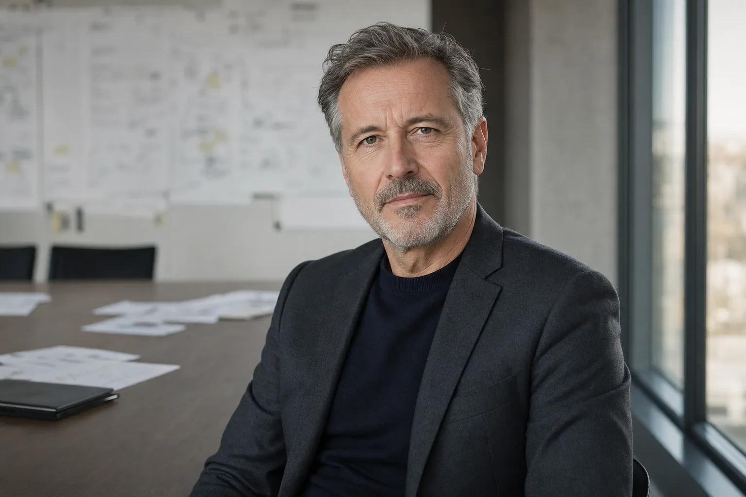 Manager de transition expérimenté assis dans une salle de réunion lumineuse, regard calme et documents de mission flous en arrière-plan