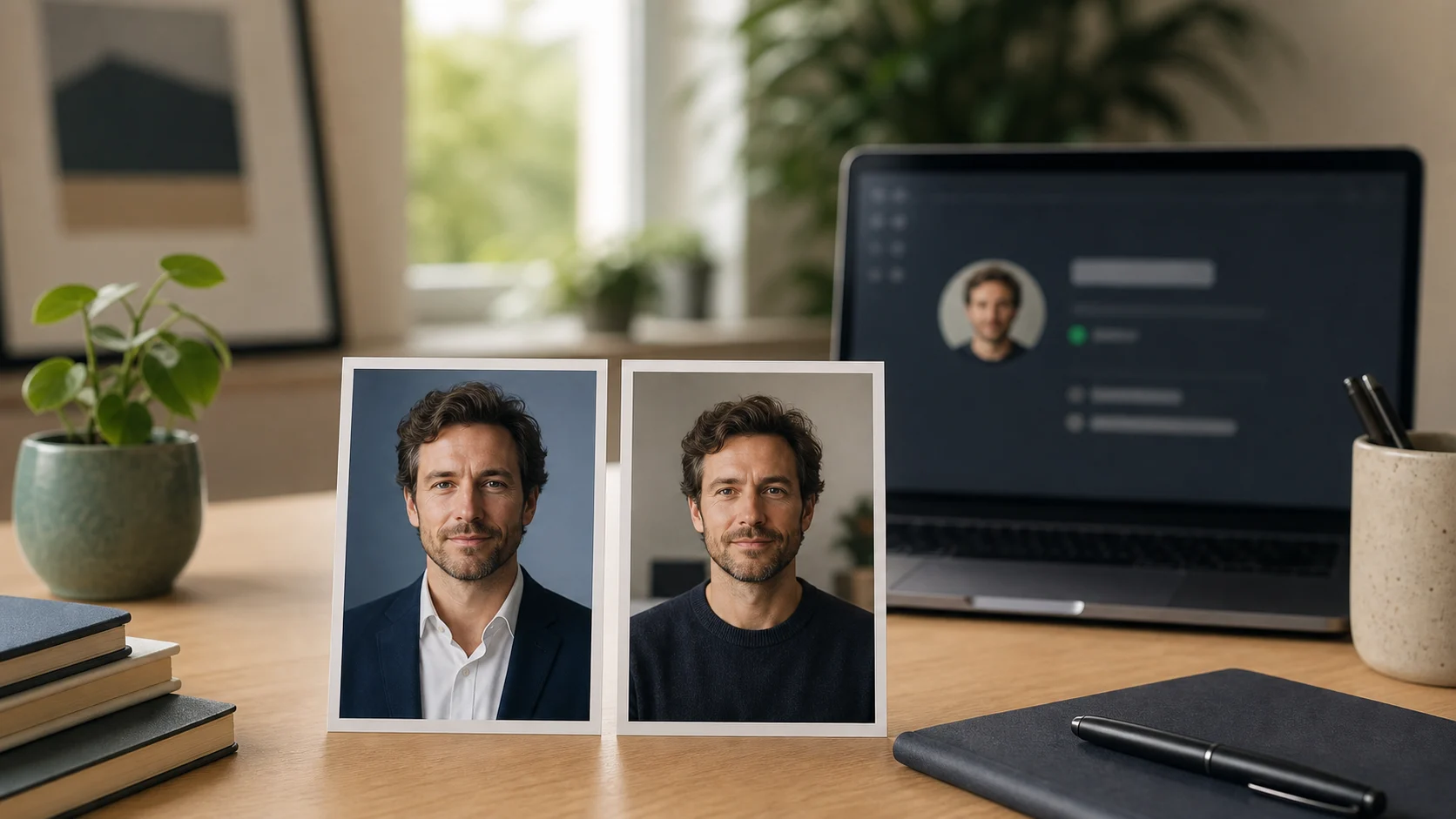 Deux portraits professionnels imprimés comparant une photo publique LinkedIn et une photo interne plus sobre