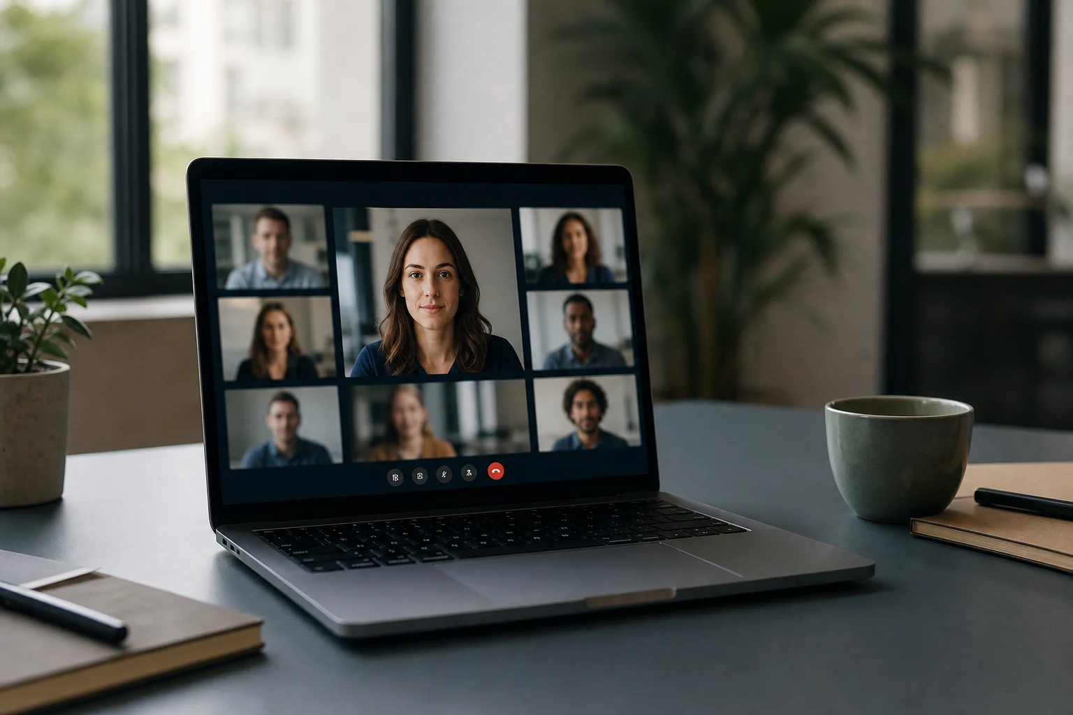 Ordinateur portable affichant une grille d'appel de travail hybride avec une photo de profil professionnelle mise en avant