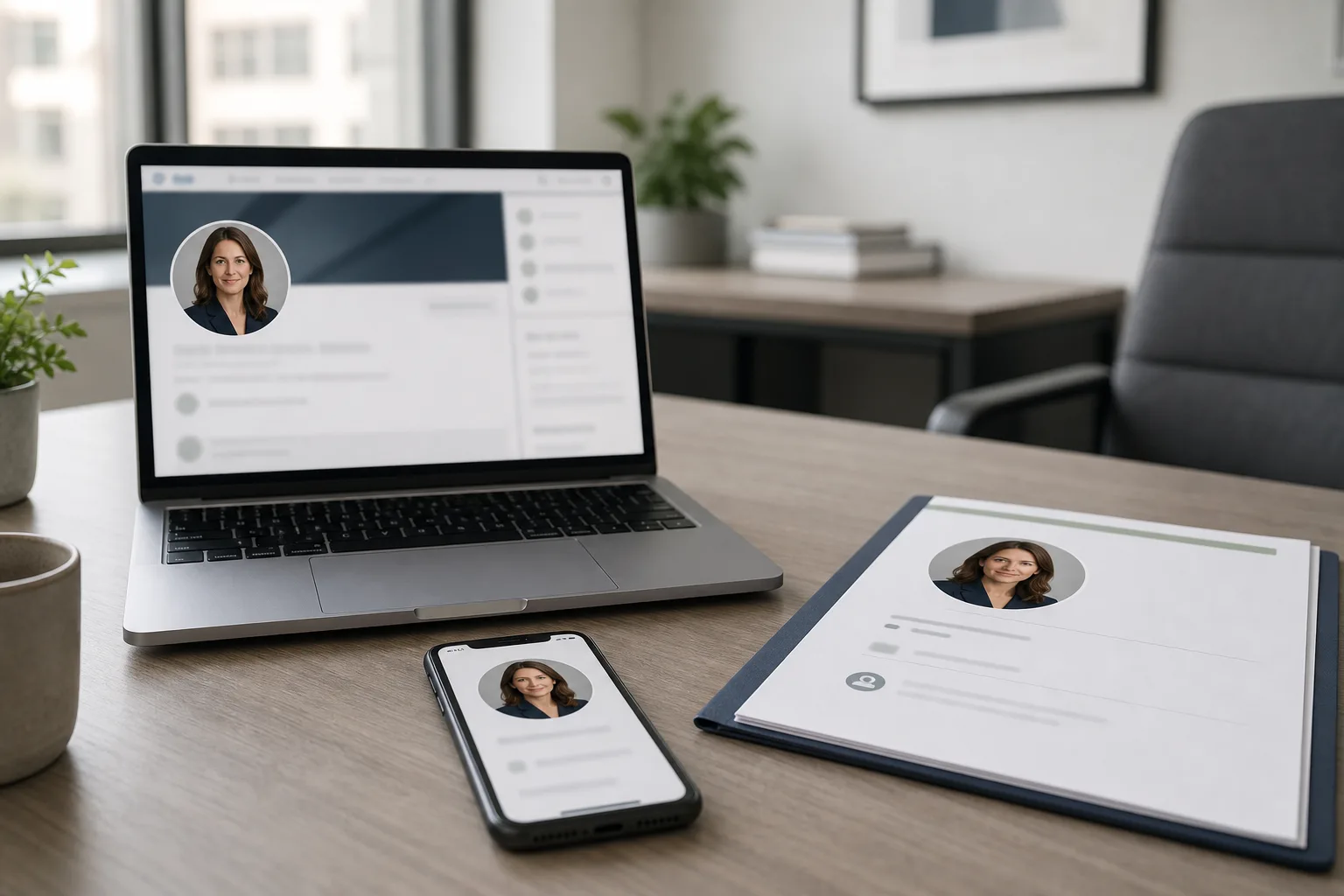 Même portrait de recruteuse décliné sur ordinateur, smartphone et dossier candidat pour montrer la cohérence entre LinkedIn, email et page carrière