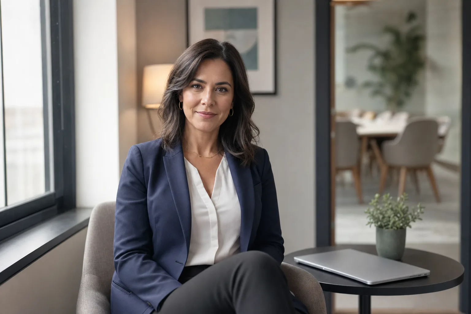 Recruteuse assise dans un bureau lumineux, regard calme, salle d'entretien floue en arrière-plan