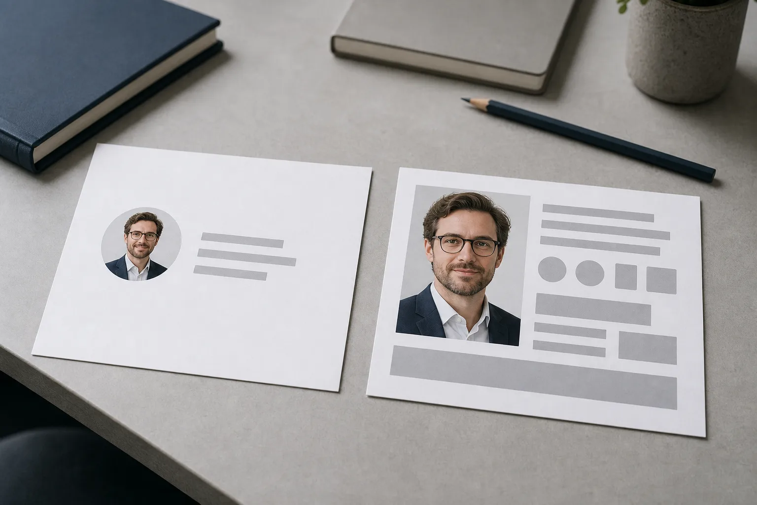 Deux maquettes de signature email imprimées, l'une sobre avec petite photo professionnelle, l'autre trop chargée avec grande photo et nombreux éléments visuels