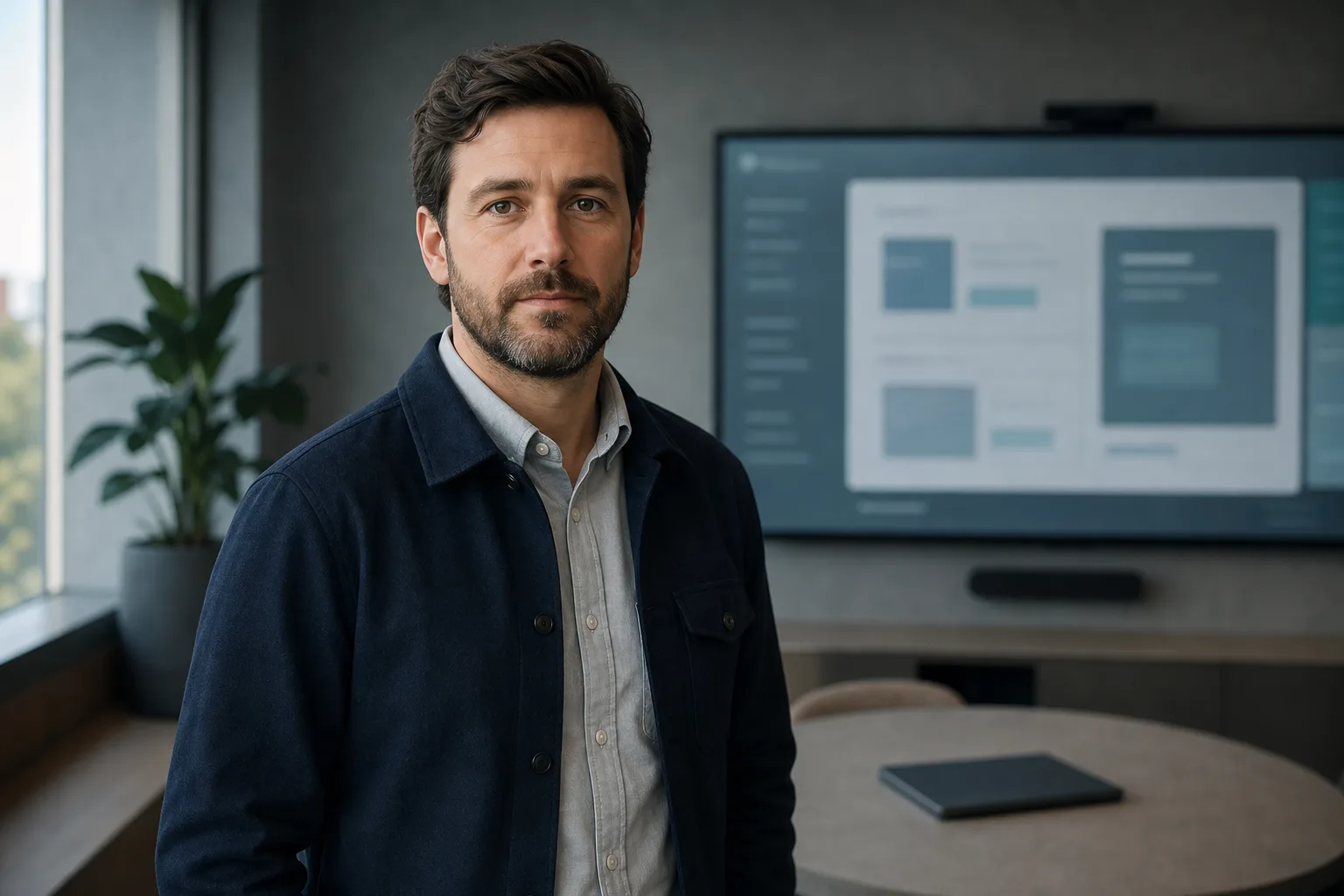 Solution Engineer dans une salle de démonstration sobre, regard direct, écran flou en arrière-plan et laptop fermé sur une table ronde.