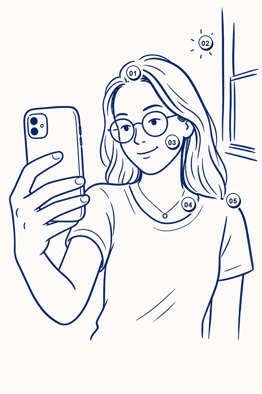 Illustration annotée d'une personne qui prépare une photo avec une lumière douce, une coiffure nette, une expression naturelle, des accessoires visibles et les épaules cadrées.